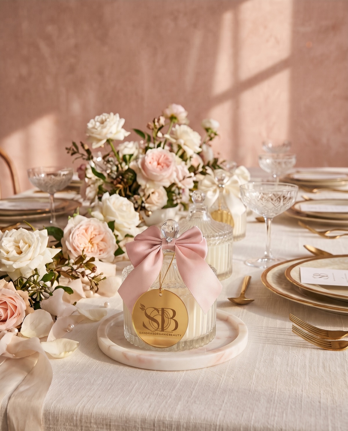 A ribbed glass candle jar with a blush satin bow and a round gold mirror tag with Sandra's logo on a marble tray at a wedding table