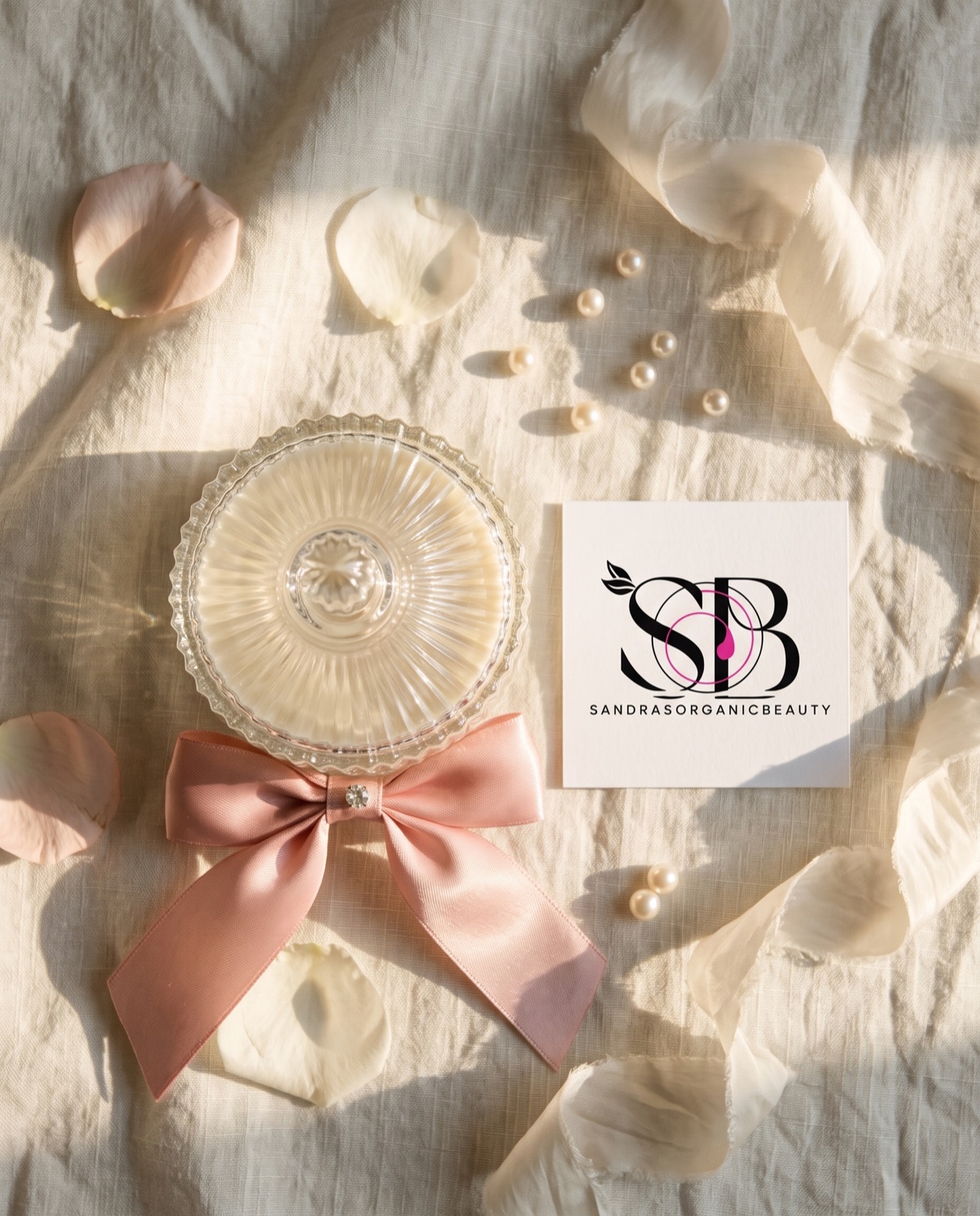 The blush bow jar candle from above, beside Sandra's card, with petals and pearls on linen