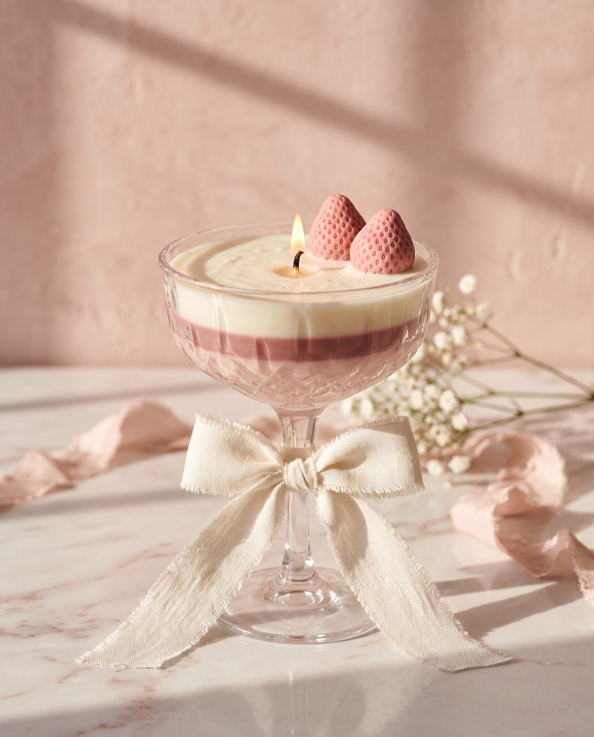 A lit candle in a cut-glass champagne coupe, ivory and blush layers topped with two blush wax strawberries, with a frayed ivory bow on the stem and baby's breath