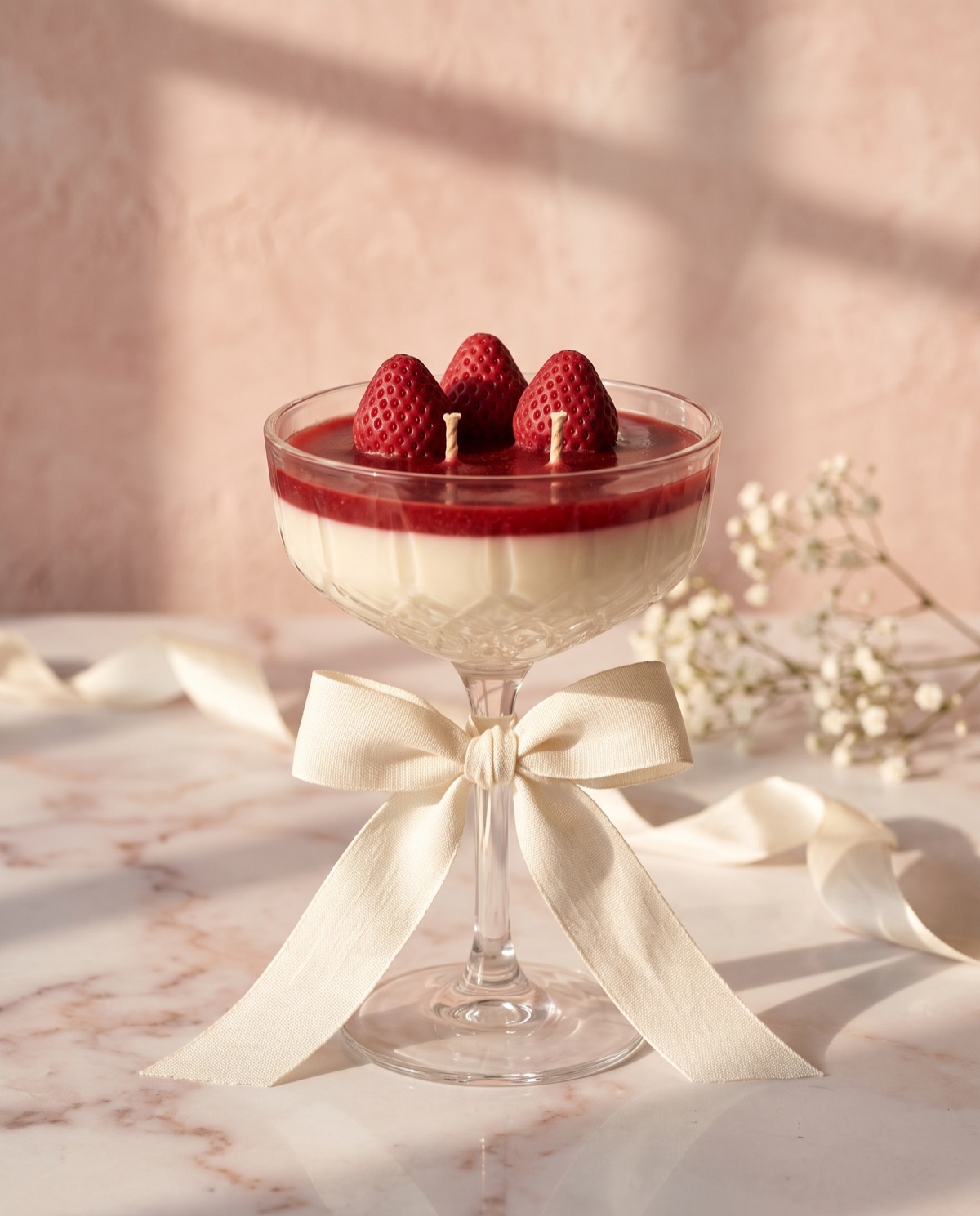 A candle in a cut-glass champagne coupe, ivory wax under a deep red layer topped with three red wax strawberries, with an ivory linen bow on the stem and baby's breath