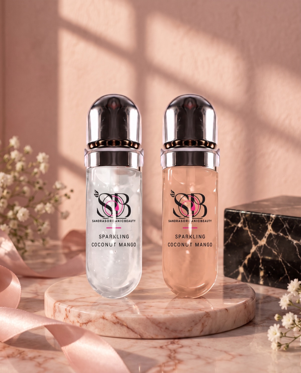 Two Lip Glow bottles in Sparkling Coconut Mango with silver caps, one clear and one peach, on a pink marble stand