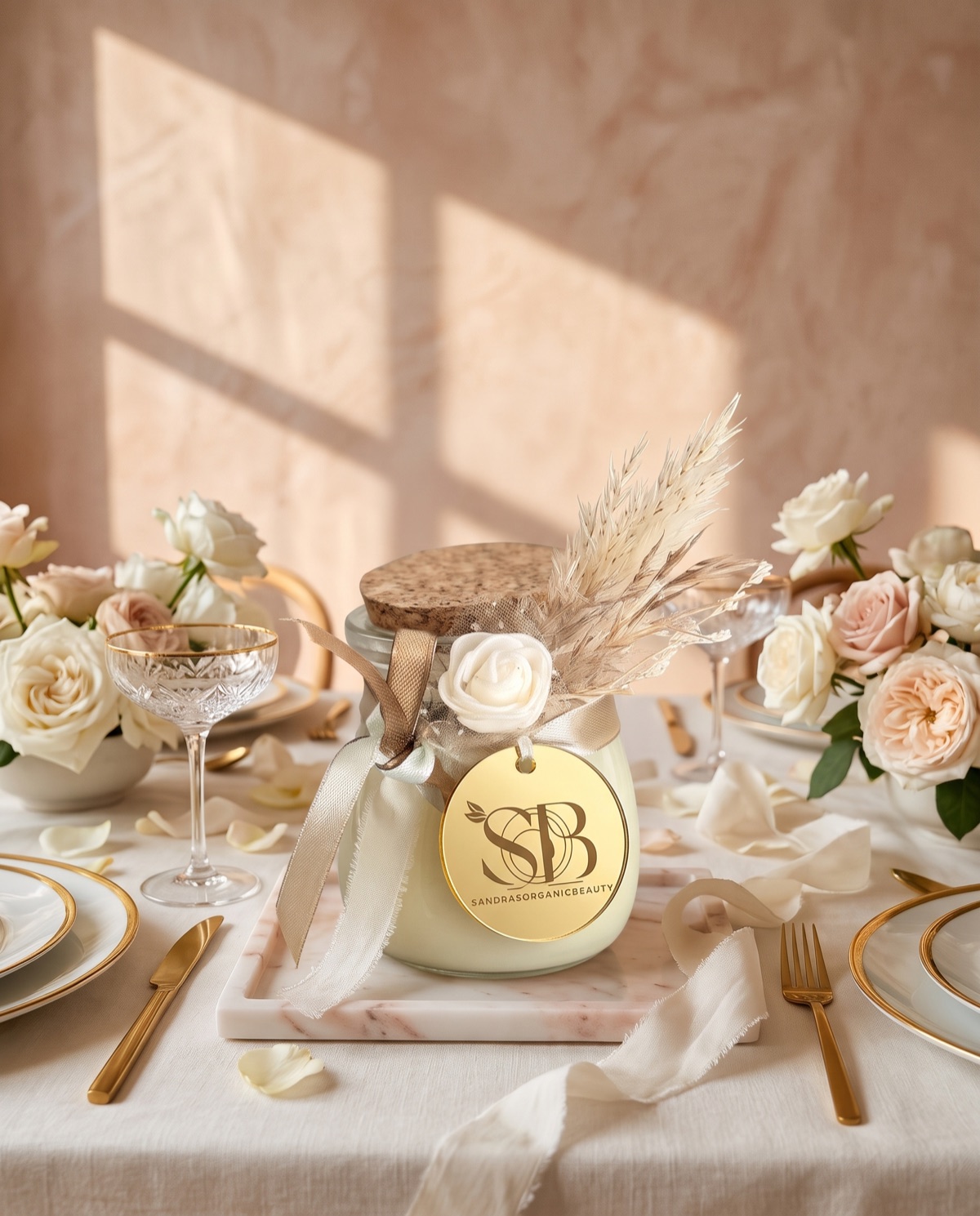 An ivory candle in a glass jar with a cork lid, dried pampas, a cream rose and gold ribbon, with a gold mirror tag, on a marble tray at a wedding table
