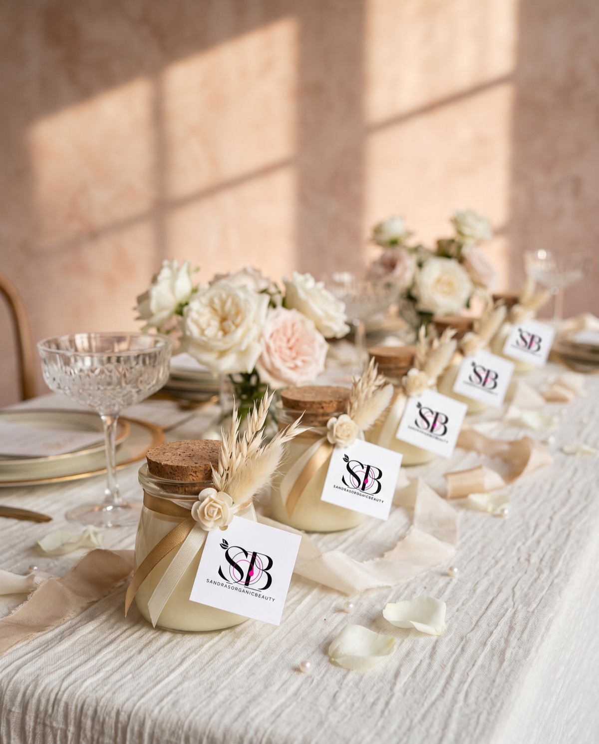 Cork jar candles with pampas, cream roses and Sandra's tags in a row along a wedding table