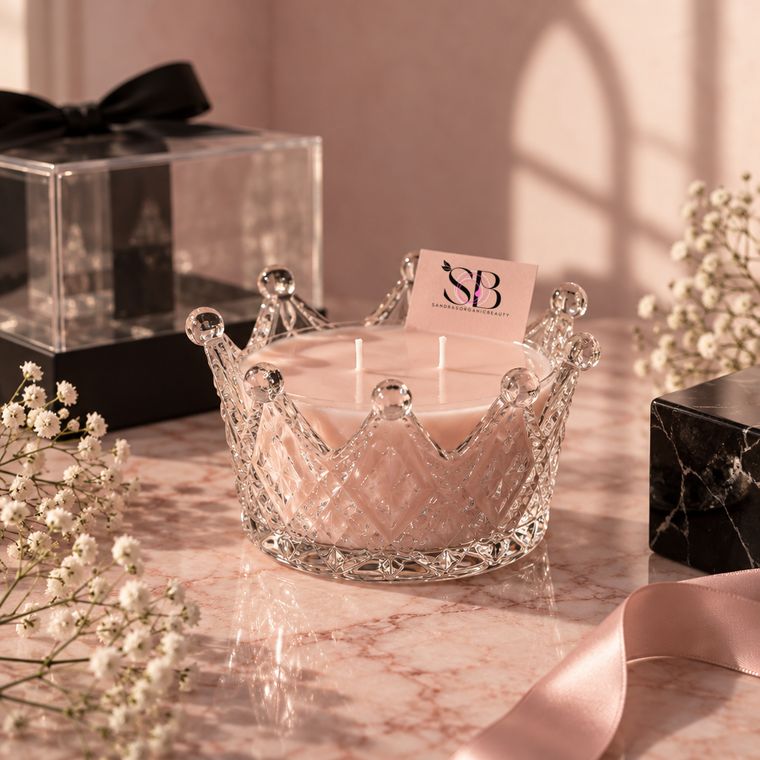 Blush candle in a cut-glass crown holder with a Sandra's Organic Beauty card