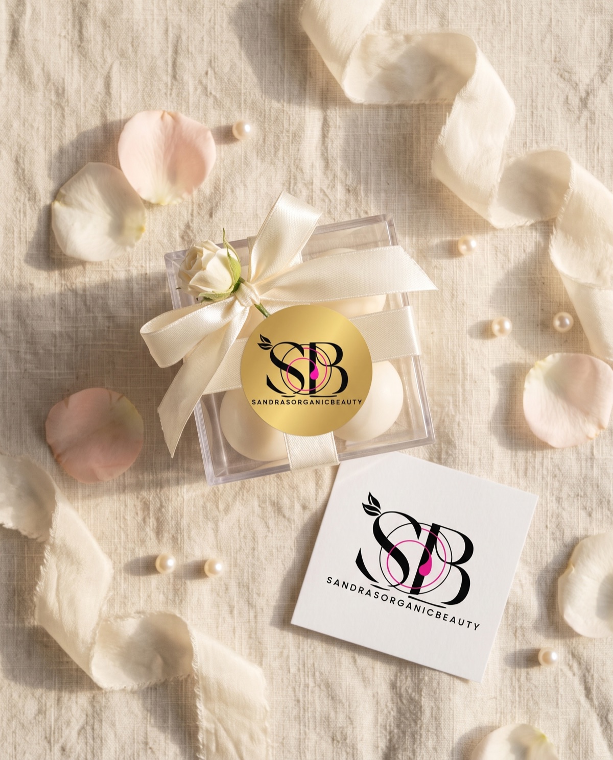 The clear favour box from above with a gold sticker, beside Sandra's card, with petals and pearls on linen