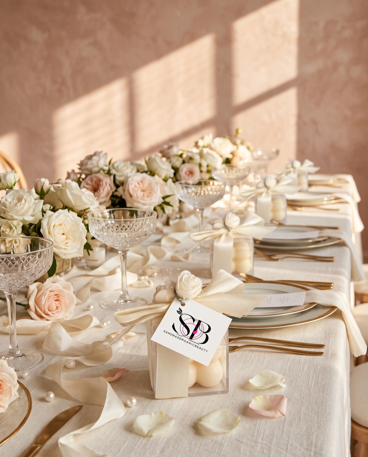 Clear favour boxes with ivory bows and Sandra's tags at each place along a wedding table