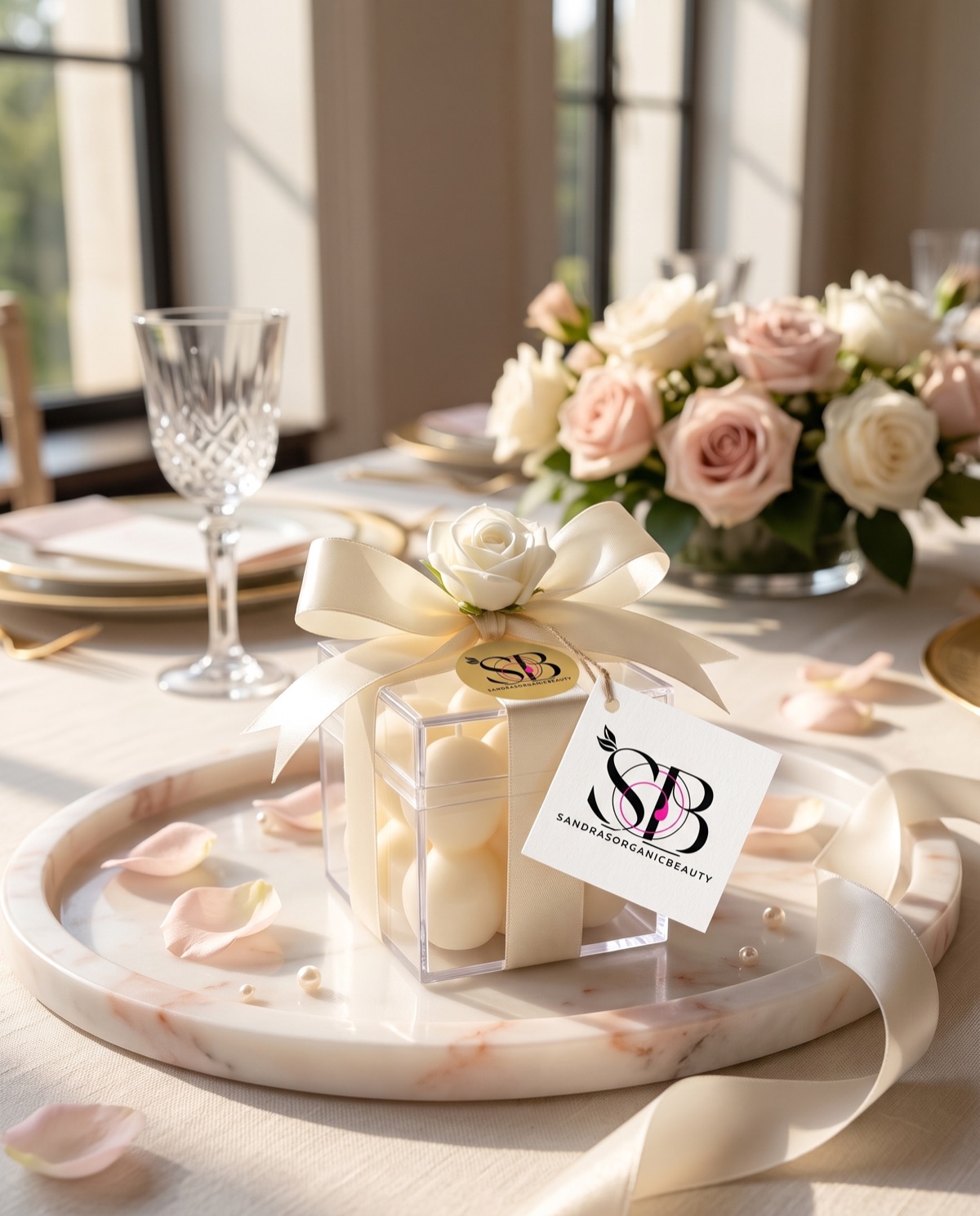 A clear favour box of sugared almonds tied with an ivory satin bow and a white rose, with Sandra's tag, on a marble tray at a wedding table