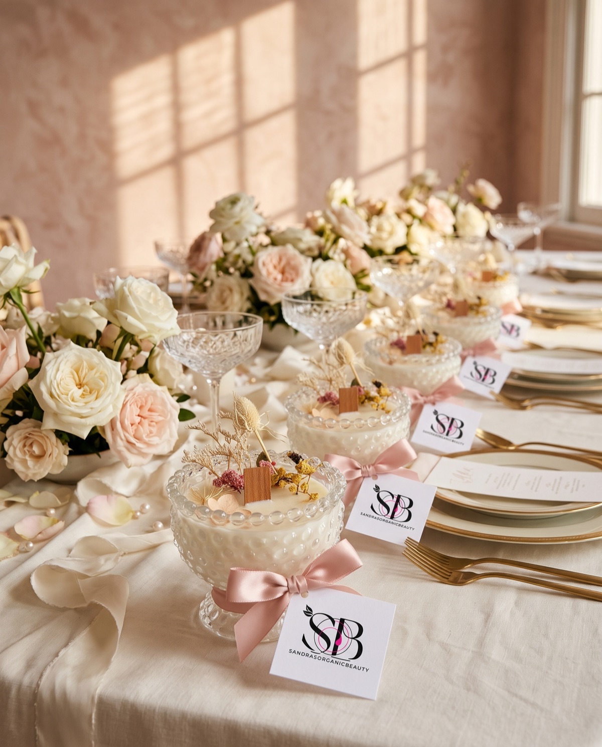 Dried flower bowl candles with blush bows and Sandra's tags in a row along a wedding table