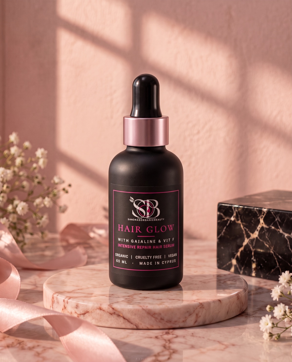 A black dropper bottle of Hair Glow intensive repair hair serum with a rose gold collar on a pink marble stand