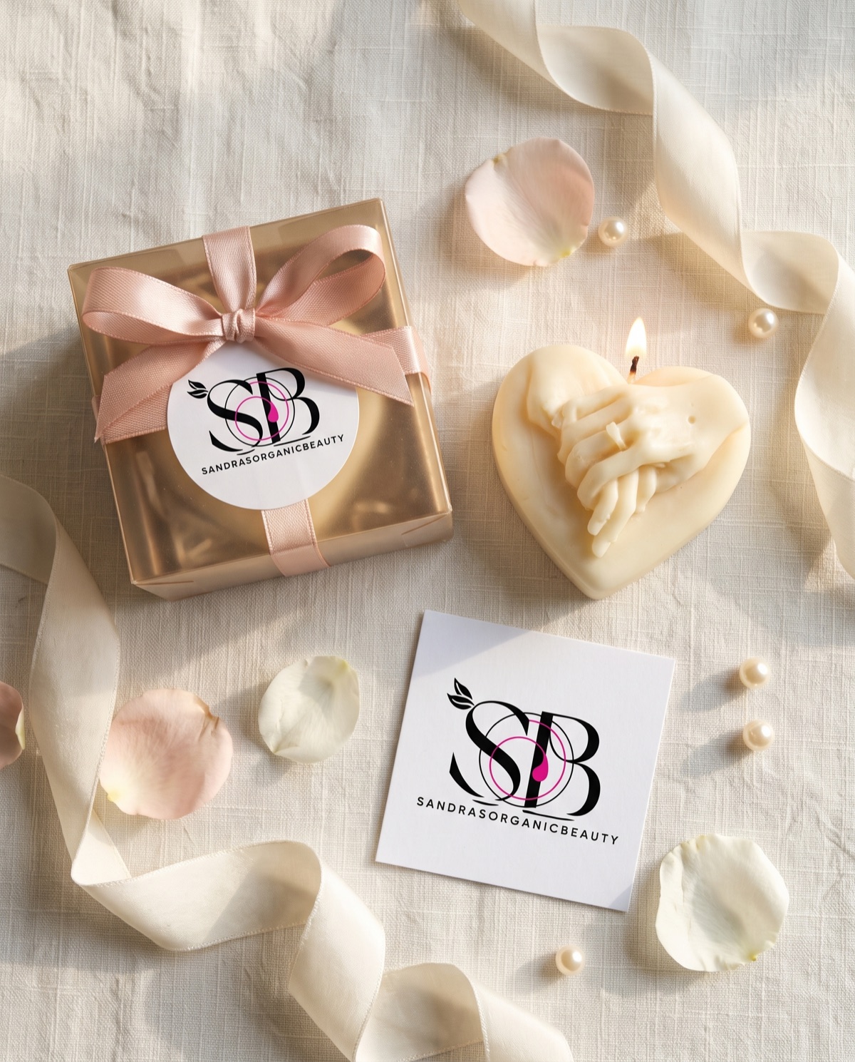 An ivory heart candle with two hands joined, lit, beside a gold gift box tied with a blush satin bow and Sandra's sticker