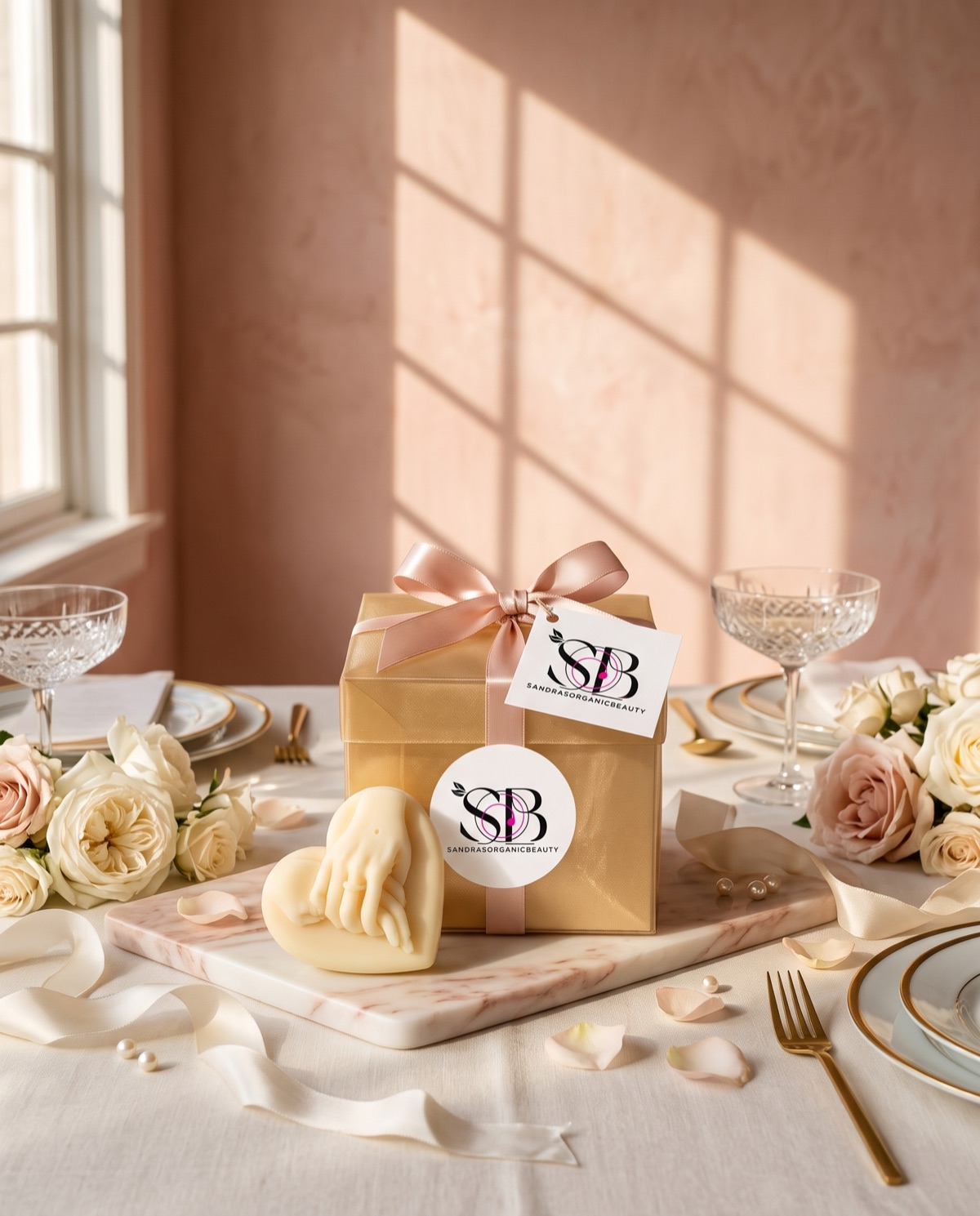 The holding hands heart candle in front of its gold gift box on a marble board, between roses and coupe glasses
