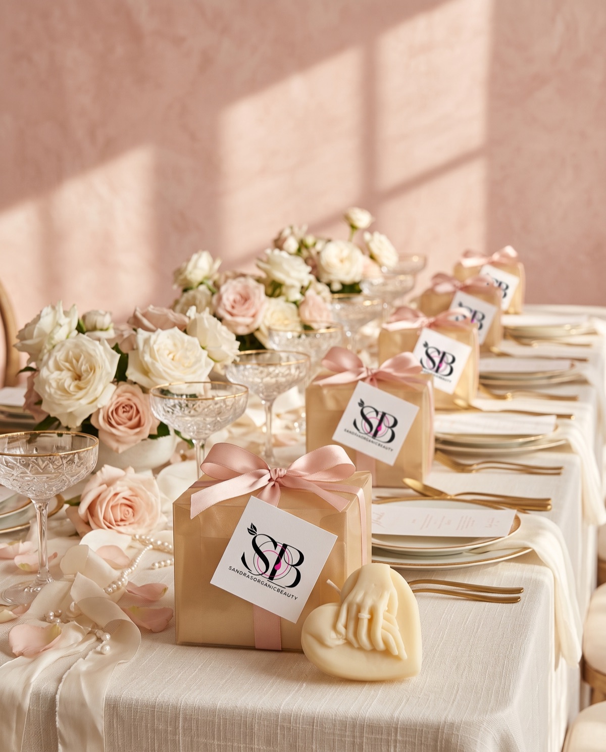 A row of gold gift boxes with blush bows and Sandra's tags along a wedding table, a heart candle in front