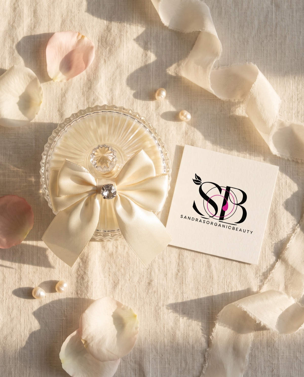 The ivory bow jar candle from above, beside Sandra's card, with petals and pearls on linen