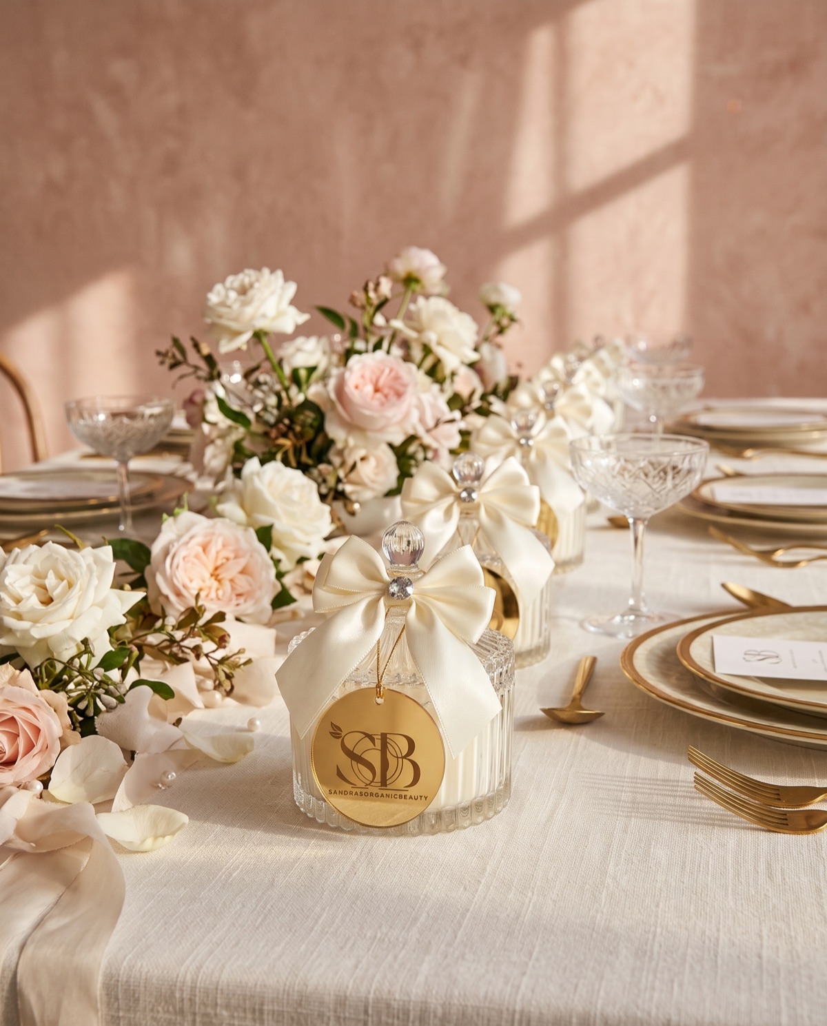 Ivory bow jar candles with gold mirror tags in a row along a wedding table