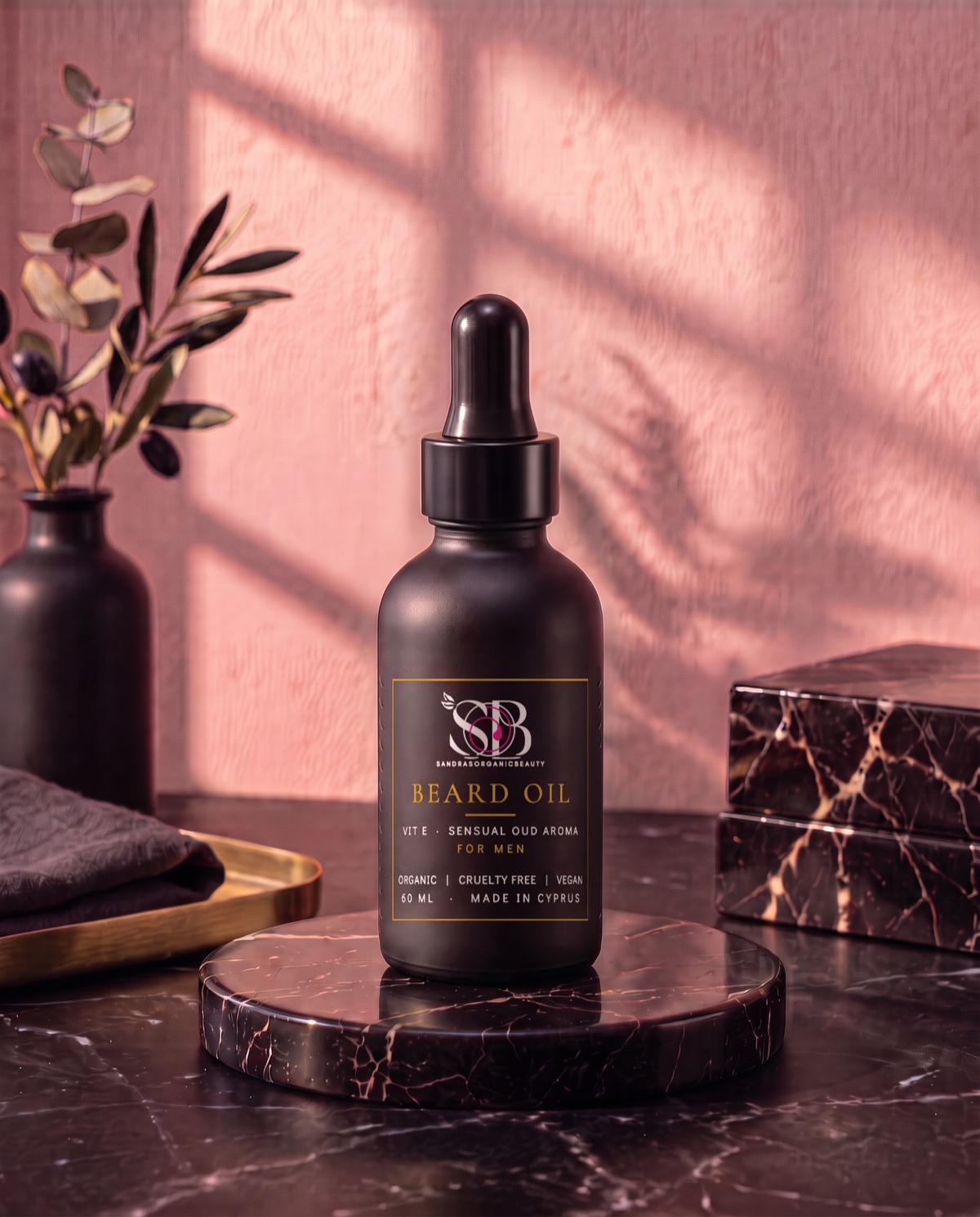 A matt black dropper bottle of beard oil with vitamin E in sensual oud aroma on a black marble stand
