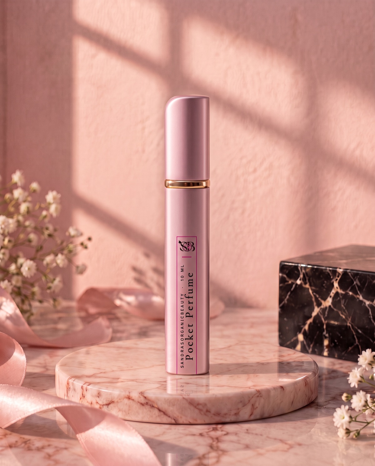 A slim blush pink pocket perfume spray with a gold band on a pink marble stand