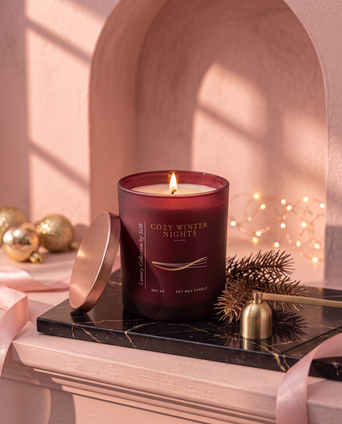 A lit Cozy Winter Nights candle in a deep red jar with its lid, a snuffer and pine on black marble