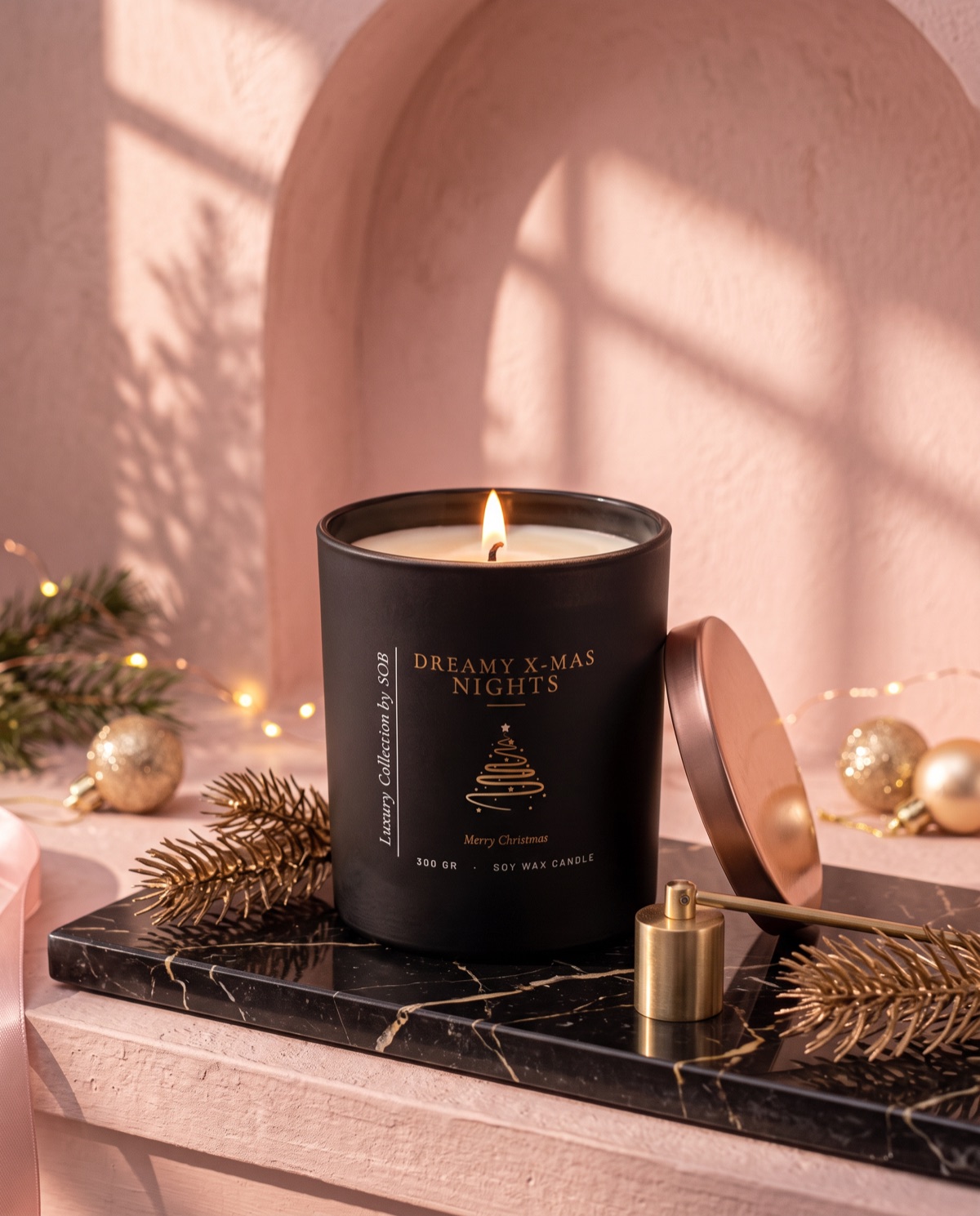 A lit Dreamy X-Mas Nights candle in a matt black jar with its lid, a snuffer and pine on black marble