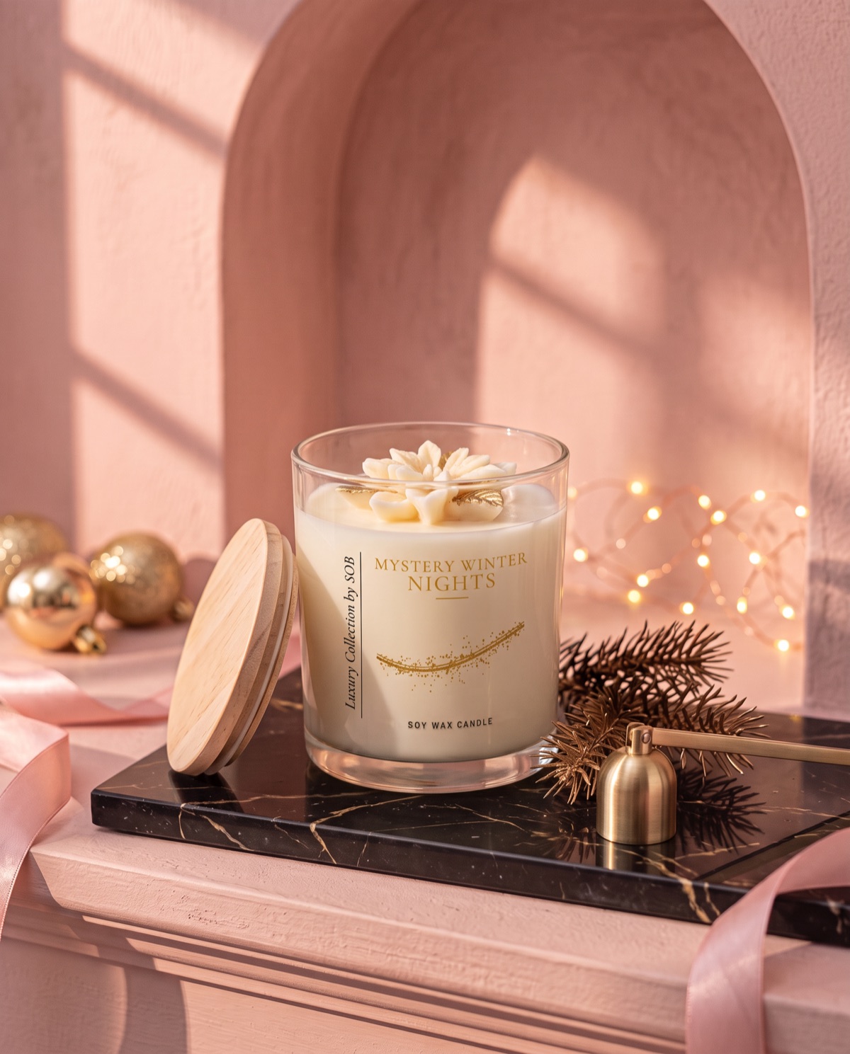 An ivory Christmas flower candle in a clear glass jar labelled Mystery Winter Nights, with a wooden lid, gold baubles and fairy lights