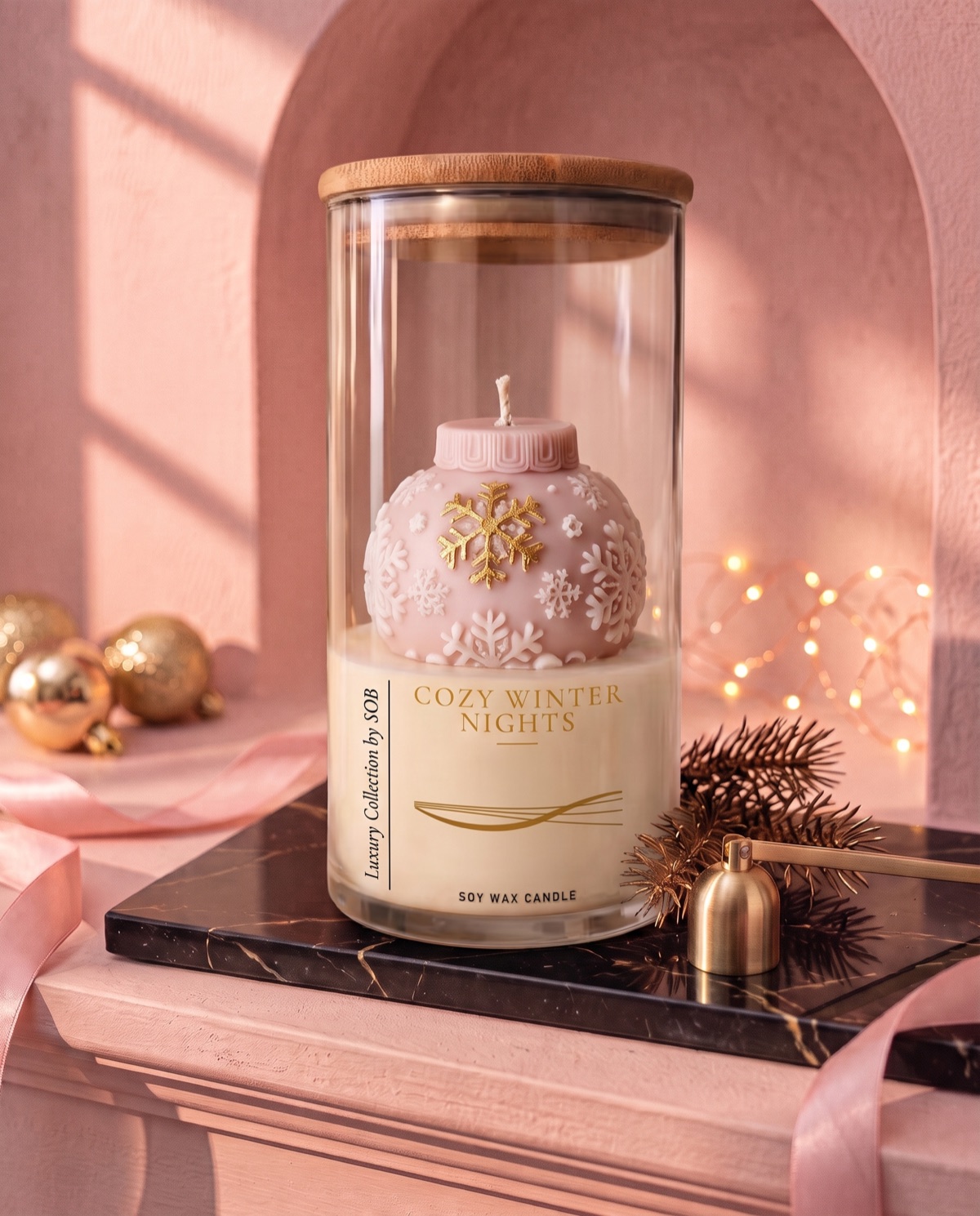 A blush bauble candle with white and gold snowflakes in a tall glass jar with a bamboo lid, labelled Cozy Winter Nights, with gold baubles and fairy lights
